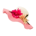 Sombrero de paja para mujer en rosa y beige con flores grandes y borde ondulado - Rosa