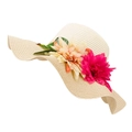 Sombrero de sol beige tejido a mano para mujer con flores rosas vibrantes para vacaciones - Beige