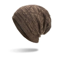 Winter chunky knit beanie in brown tones with diamond pattern and soft fleece lining - Khaki