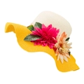 Sombrero de paja tejido a mano con ala amarilla y flores de colores para mujer - Amarillo