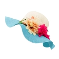 Sky blue brim hand-woven straw sun hat with peach and pink floral decorations - Sky Blue