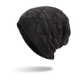 Winter fleece-lined knit beanie in dark coffee brown with classic diamond pattern - Black