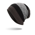 Bonnet en maille rayé marron foncé et gris avec motif de texture en losange d'hiver - Gris