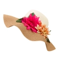 Women's hand-woven straw sun hat with large wave brim and vibrant floral decoration - Khaki