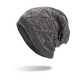Winter chunky knit beanie hat in coffee and grey mixed color featuring a diamond pattern - Gray