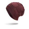 Winter knitted beanie in wine red with thick grid texture and black fleece lining - Burgundy