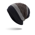 Bonnet en tricot d'hiver avec patchwork bleu marine, gris et marron en maille gaufrée - Bleu Marine