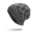 Bonnet en tricot à damier gris et noir avec revers épais pour une chaleur optimale - Gris