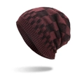 Bonnet en tricot d'hiver avec motif à carreaux bordeaux et noir et doublure en polaire - Bordeaux