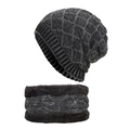 Winter knit beanie and neck warmer set in black and grey marl with fleece lining - Black