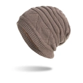 Coffee brown knitted beanie hat with warm fleece lining and striped rib texture - Khaki
