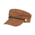 Brown faux suede military baker boy hat with black braided rope and gold anchor buttons - One Size / Turmeric