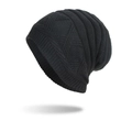 Winter black slouchy beanie hat featuring diamond knit pattern and ribbed cuff design - Black
