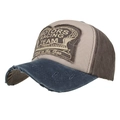 Retro khaki and navy colorblock baseball cap with distressed brim and racing patch - Coffee/Navy