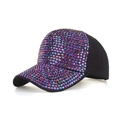 Close-up of colorful gradient rhinestones on black baseball cap with vibrant sparkles - Purple