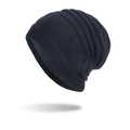 Navy blue winter knitted beanie with thermal fleece lining and diamond pattern texture - Navy Blue