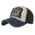 Vintage tri-color baseball cap in navy, beige, and black with distressed motors patch - Black/Navy