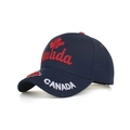 Detail of 3D embroidery showing Canada text and maple leaf on navy baseball cap - Navy Blue