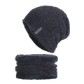 Winter set with dark blue knit beanie and fleece lined infinity scarf for cold weather - Navy Blue (Set)