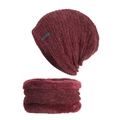 Winter wine red beanie and neck warmer set with fleece lining and ribbed knit texture - Wine Red (Set)