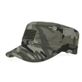 Detail view of camouflage military flat top hat featuring American flag embroidery and vents - Camouflage