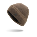 Brown waffle knit beanie with warm fleece lining and black logo patch detail - Khaki