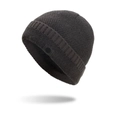 Dark brown chunky knit beanie hat with ribbed cuff and round button detail - Gray