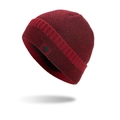 Winter red and black marled knit beanie with button detail and warm fleece lining - Burgundy