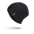 Winter black knit beanie for women featuring a textured block weave and fabric label tag - Black