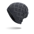 Winter knit beanie hat featuring grey and black diamond pattern and ribbed cuff - Navy Blue