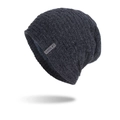 Dark grey knitted beanie with fleece lining and woven label for winter warmth - Navy Blue