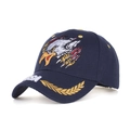 Detailed close-up of eagle embroidery and gold wheat ears on a navy USA baseball cap - Navy Blue