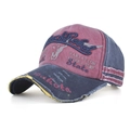 Détail de casquette baseball en coton délavé vintage avec broderies et bord usé - Réglable / Bordeaux