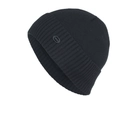 Bonnet en maille côtelée noire avec écusson en cuir mode et large bord replié - Noir