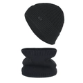 Winter black knitted beanie and neck warmer set with fashion rubber label detail - Black
