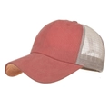 Washed cotton baseball cap with coral red front and breathable beige mesh back - Adjustable / Orange