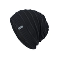 Black ribbed knit beanie with Fashion patch and warm fleece lining for winter wear - Fleece Lined Black / Black