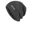 Dark grey knitted beanie featuring diamond patterns and white Sports text embroidery - Dark Gray