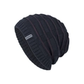 Winter knitted beanie hat in dark navy with red vertical stripes and Fashion patch - Fleece Lined Navy Blue / Navy Blue
