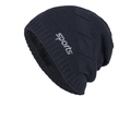 Dark blue knitted beanie with thick fleece lining and silver Sports text print - Navy Blue