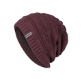Winter burgundy knit beanie with warm fleece lining and FASHION decorative label - Fleece Lined Wine Red / Burgundy