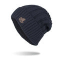 Berretto in maglia blu scuro con calda fodera in pile e toppa in pelle con foglia - Blu navy