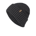 Dark grey knitted beanie with classic faux leather label and ribbed cuff detail - Gray