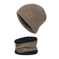 Brown knit winter hat and scarf set with leaf embossed patch and warm fleece lining - Khaki