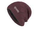 Dark purple knit beanie with warm fleece lining and white Sports letter print - Burgundy