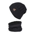 Conjunto de gorro de punto negro y bufanda con forro polar y parche de cuero gris - Negro