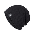Black cable knit beanie featuring a white star patch and warm thickened inner lining - Black