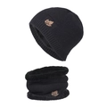 Black knit hat and neck warmer set with leaf patch and warm fleece lining - Black