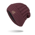 Winter knitted wine red beanie with leaf logo, thick fleece lining and folded cuff design - Burgundy