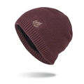 Winter wine red knit beanie hat with leaf embroidery and warm thick black fleece lining - Burgundy